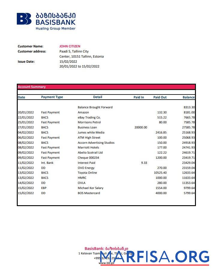 Printable Georgia Basis Bank statement xls sample